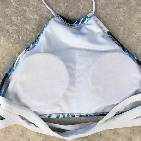 High Neck Halter Bikini Top Palm Print White Blue - Picture 6 of 6